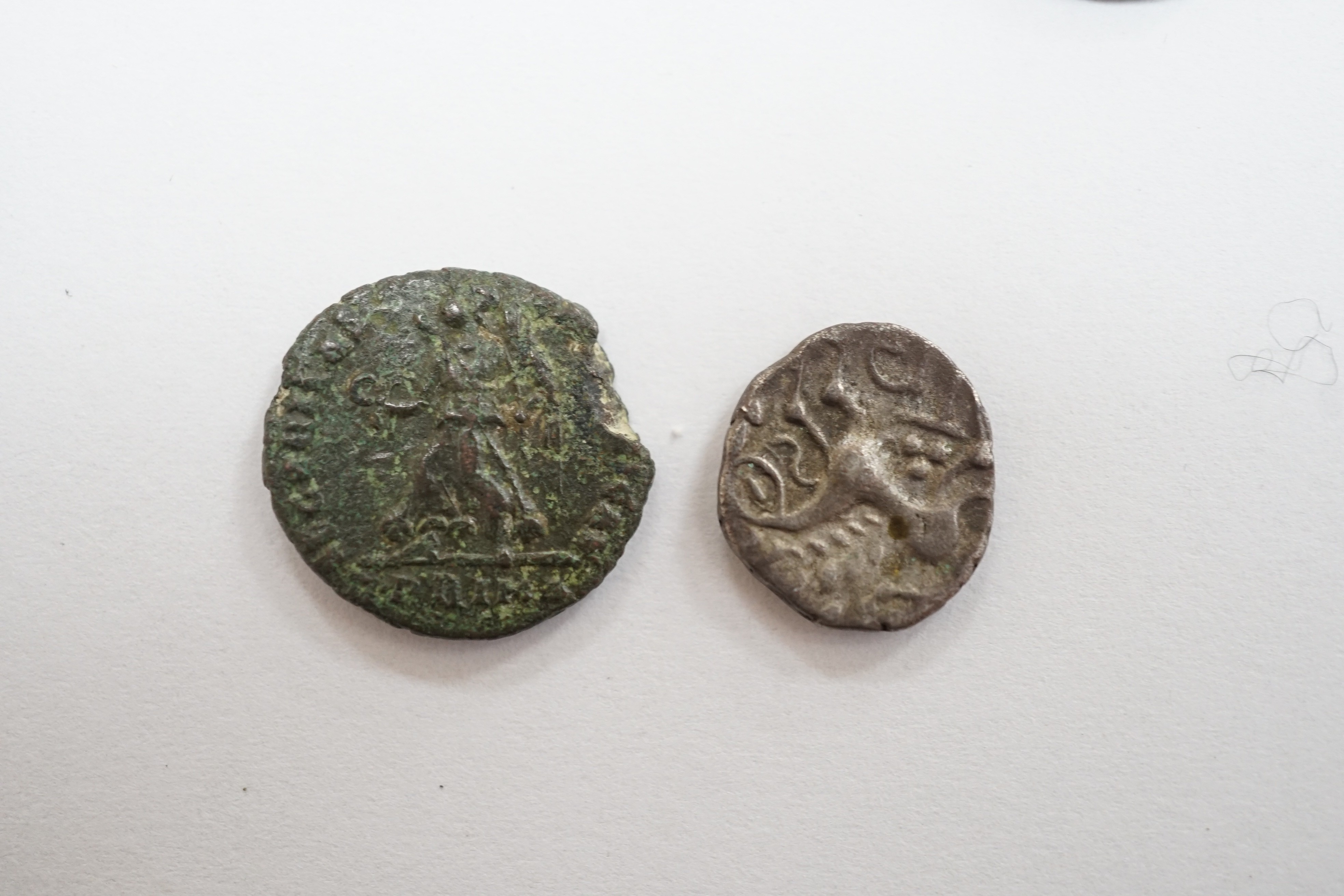Greek, Celtic and European medieval coinage to include an AR drachm, Illyria, an Iceni Antedios Anted silver unit, a Venetian AR grosso, two deniers tournois, a Charles the Bold 2 Stuivers and a fragment of a lead crucif